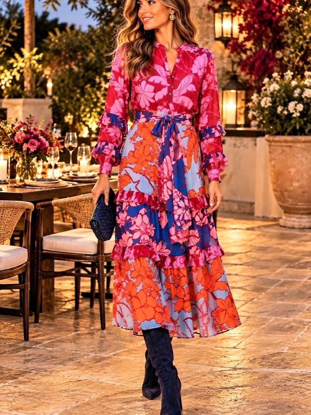 NWT Farm Rio Mixed Living Nature Maxi Dress Floral Maxi Dress Pink & Blue size X